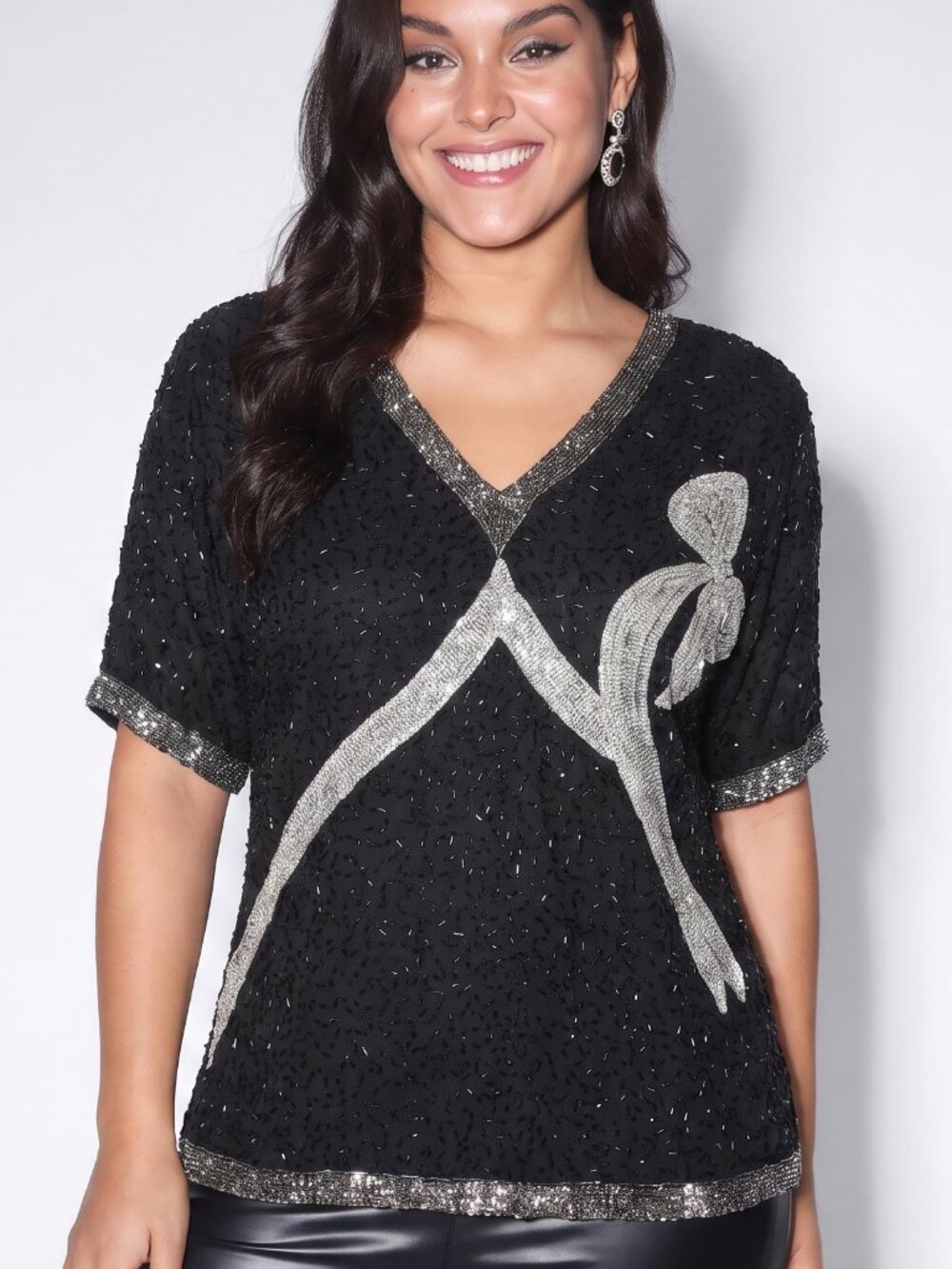 Vintage Laurence Kazar Silk Bead and Sequin Bow Top